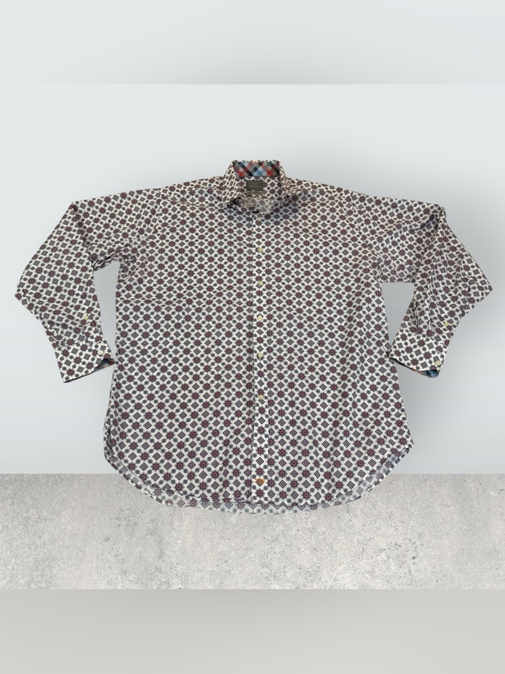 Thomas Dean Men's Long Sleeve Cotton Shirt White/burgundy Geometric, Size XL